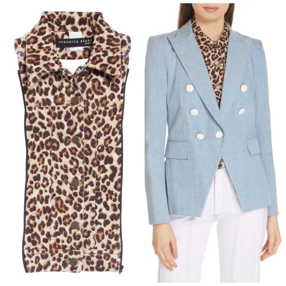 $278 Veronica Beard Slate Dickey leopard button Jacket insert black tan sz 00-14